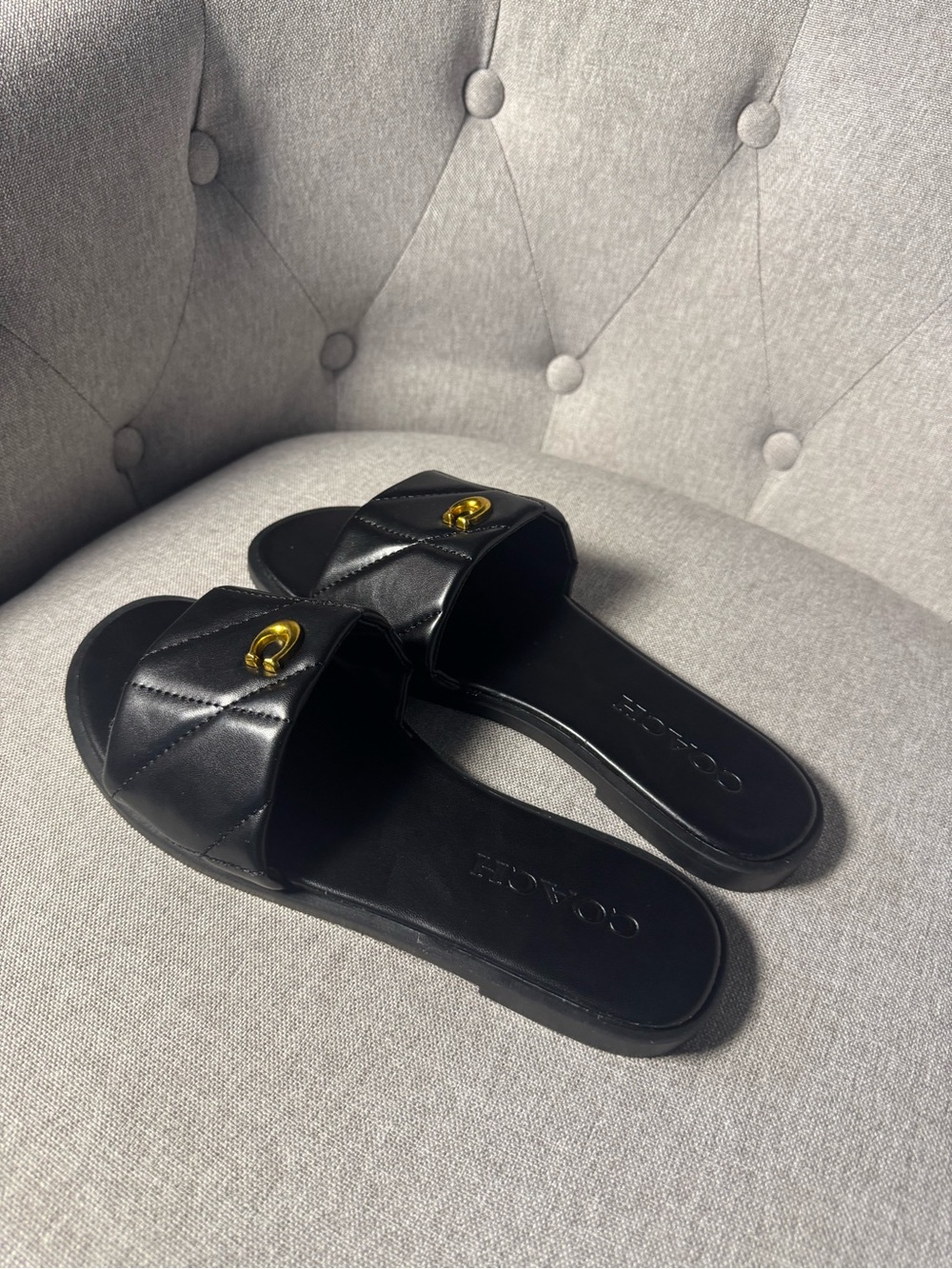 Coach Black Quilted Slide Sandals with Gold Accent